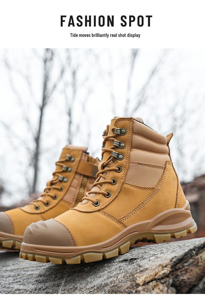Men's High-Top Wheat Safety Shoes: European Standard, Anti-Smash, Anti-Pierce, Wear-Resistant, Durable Leather with Zipper Style.