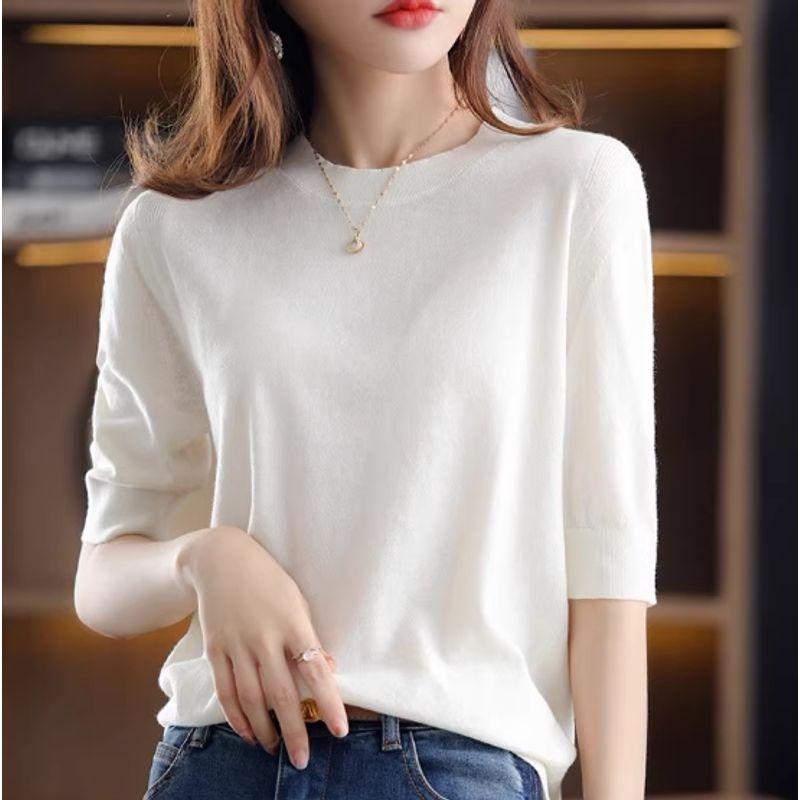 Round Neck Mid-Sleeve Knit Shirt for Women, New Summer Style, Retro Elegant Loose Plus-Size Top, Five-Quarter Sleeve T-Shirt, Base Shirt