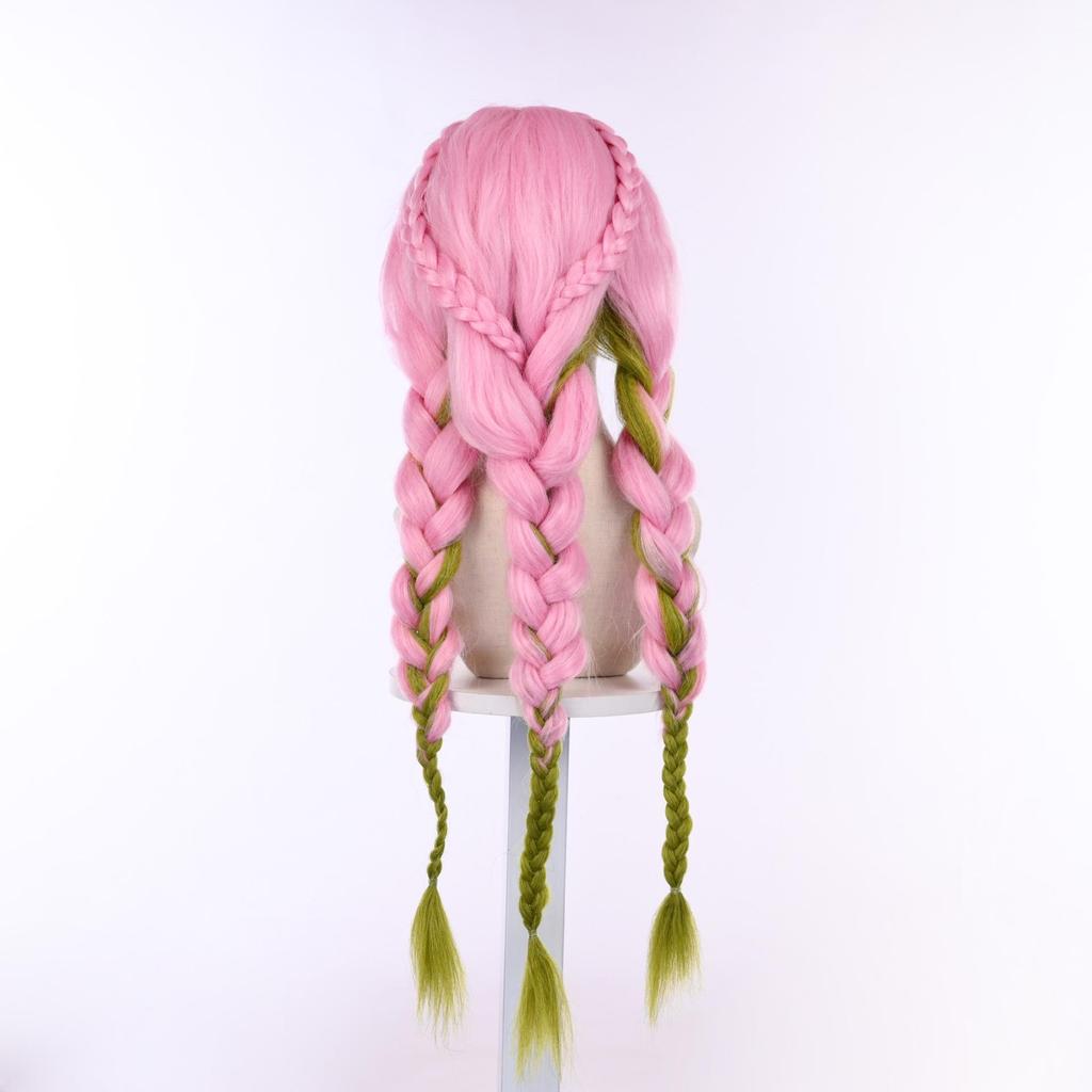 Kanroji Mitsuri Demon Slayer Pink-Green Cosplay Wig with Cap & Big Braid