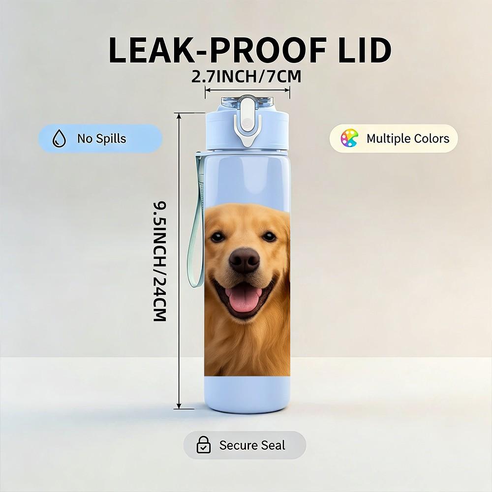 1PC Happy Golden Retriever 750ml Color Plastic Sports Water Bottle Leakproof Flip Straw Lid Suitable for Sports Office Home Use