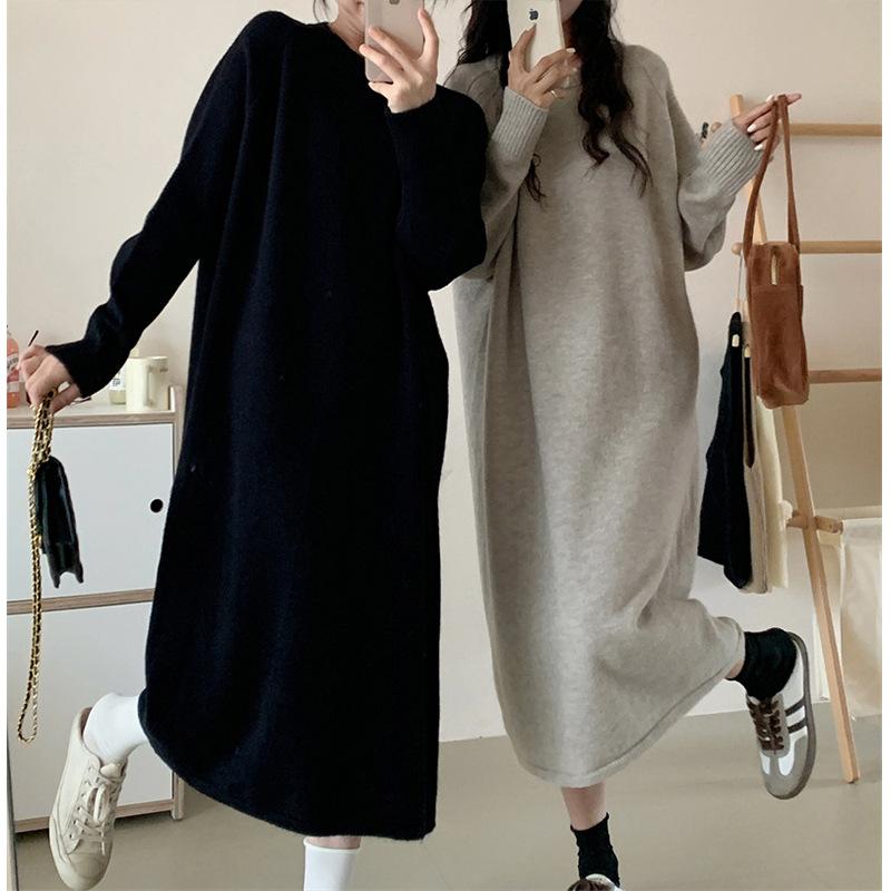 Lazy Wind Basic Simple Dress Women's Autumn and Winter New Loose Long Knee Bottom Knitted Sweater Skirt