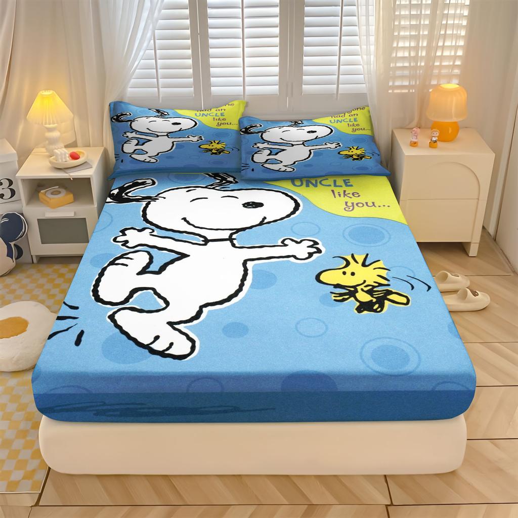 Snoopy  With Pillowcase Fitted Sheet 3D Children'S Bedding Set  Polyester 2/3Pcs Comforte Bed Cover Full Set