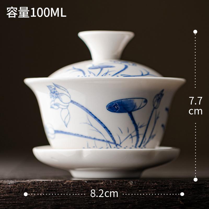 Tea Bowl Ceramic Tea Cup Soup Tureen Chinese Ceramic Gaiwan Porcelain Gaiwan White Lid Bowl Lotus Hand Drawing Gai Wan Shen Puer