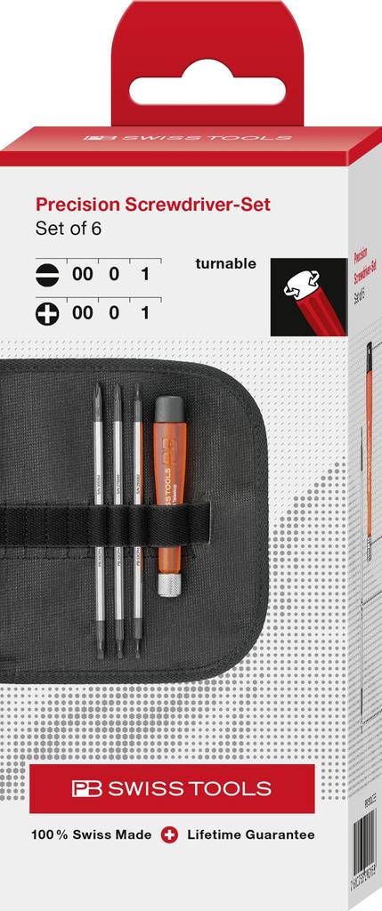 PB Swiss Tools Interchangeable Precision Screwdriver Set with Phillips Flathead and Blades 510.CBB 3-Blade Roll-Up Case, & #00, #0, #1