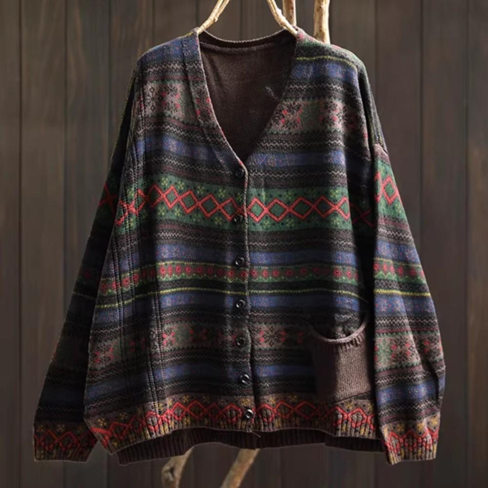 Johnature Women Vintage Sweaters Striped Print Floral Spring Chinese Style V-Neck Long Sleeve Knitted Sweaters