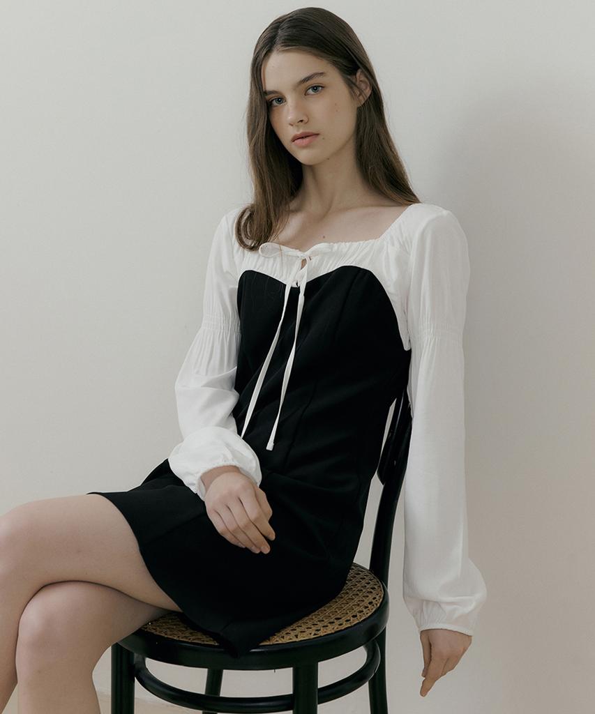 Riorg Rie Ribbon Square Neck Puff Long Sleeve Mini Ops Black