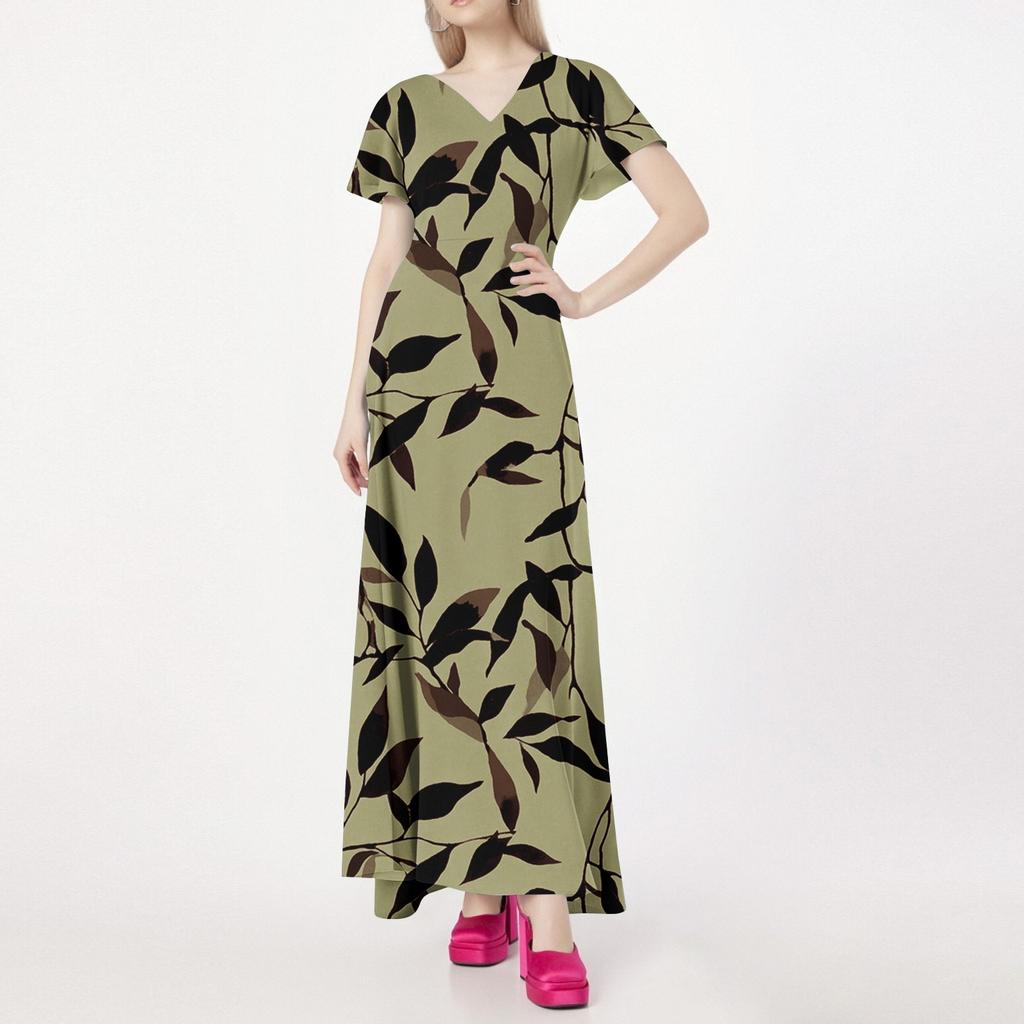 Lässiges Damenkleid mit V-Ausschnitt, kurzen Ärmeln und hoher Taille, Retro-Blumenblatt-Print