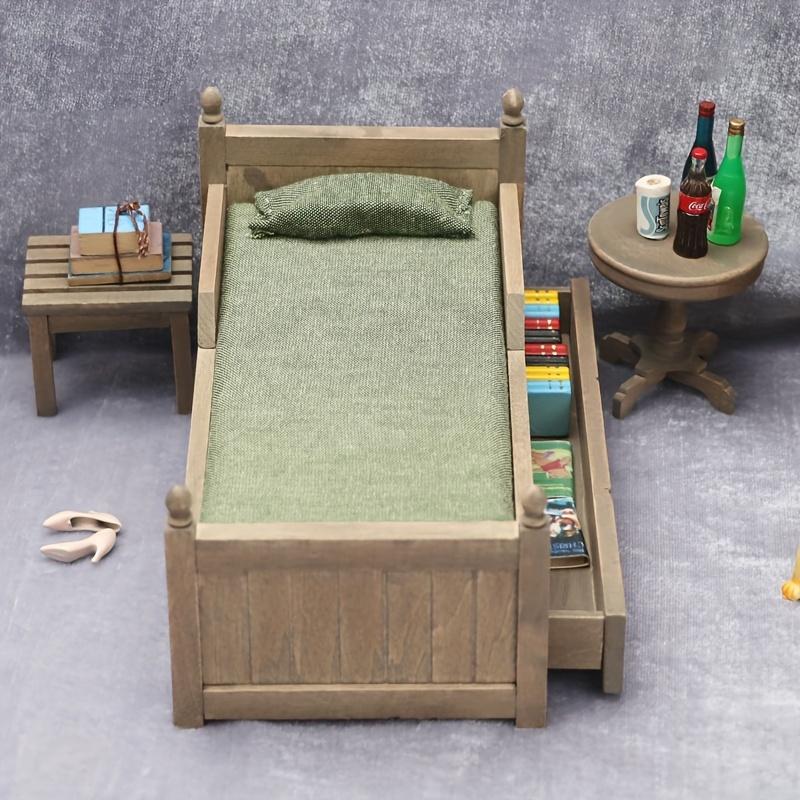 1set Miniature Bed with Drawer-1:12 Wooden Furniture-Bedroom Bedding Furniture Accessories with Pillow & Mattresses-Vintage Mini House Decoration