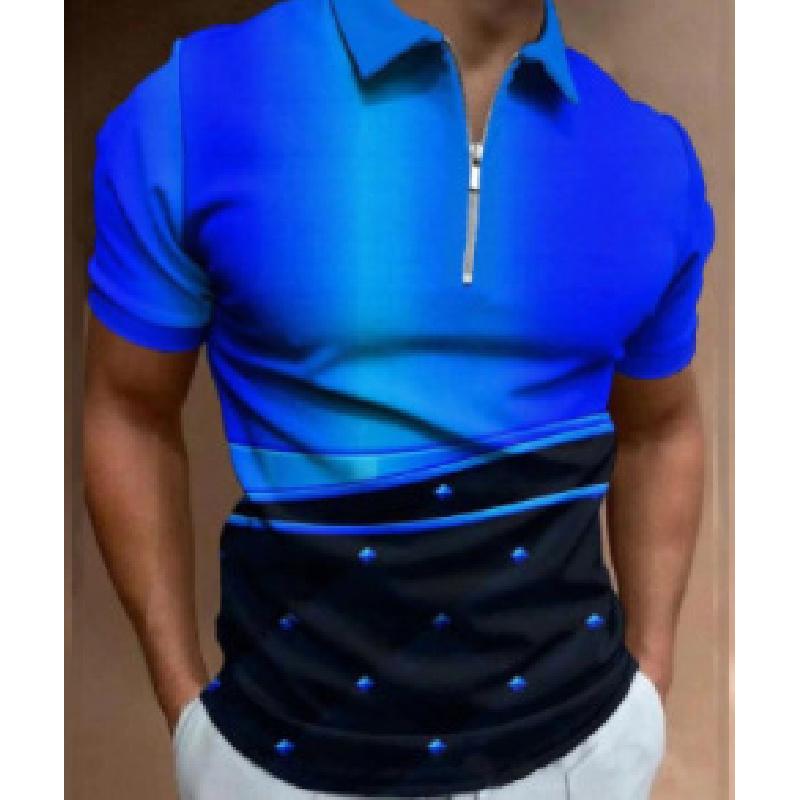 Summer Men's Casual Striped Houndstooth Digital Print T-Shirt Zipper Polo Shirt