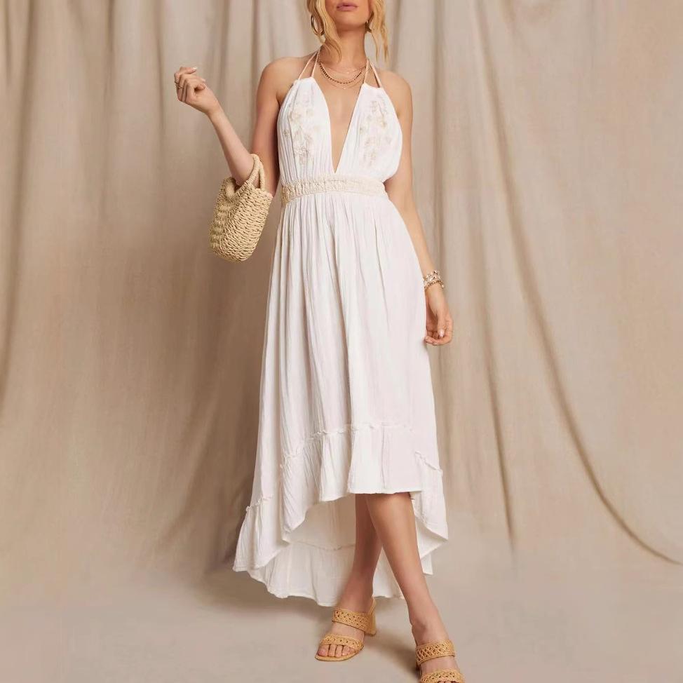 2026 European and American large-size women s clothing Roman vacation dress summer new V-neck neck mid-length dress S