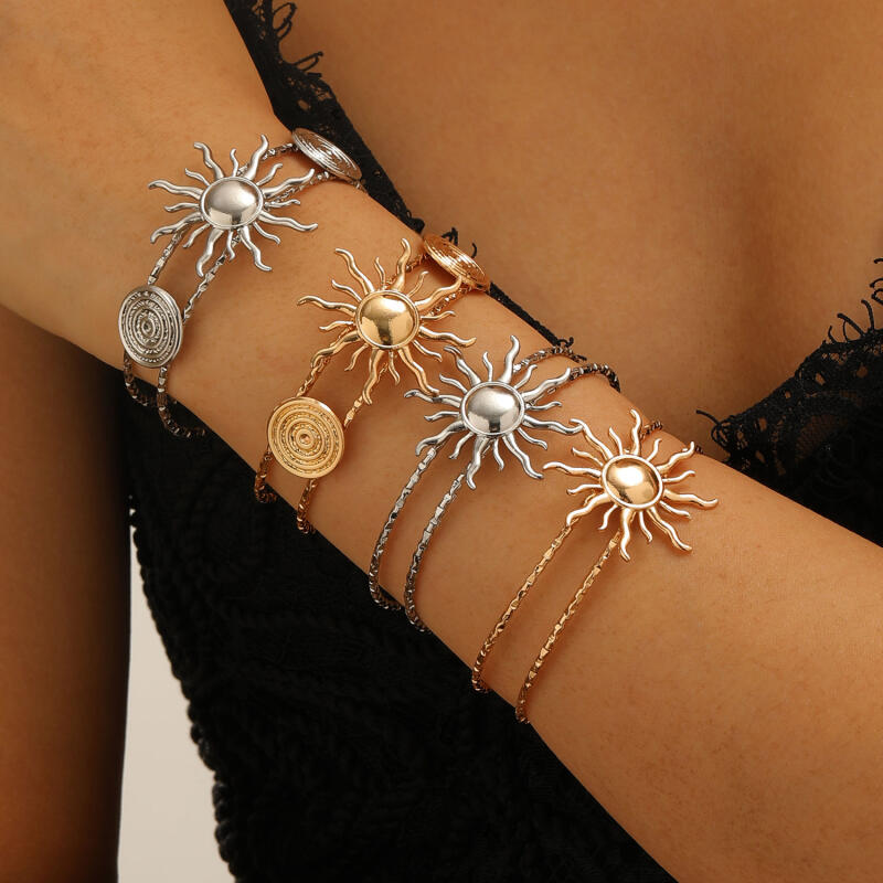 Bohemia Sun Flowers Round Vortex Opening Bracelets for Women Ladies Vintage Double Layer Hollow Bangles Vacation Jewelry Gifts