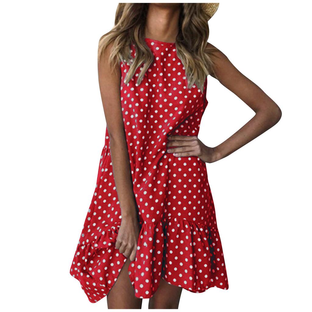 Fashion Women Sleeveless Polka Dot Loose Casual Ruffle Dress