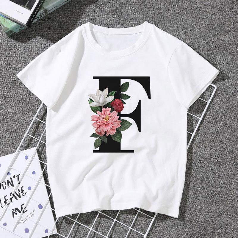 A B C D E English Alphabet Print T Shirt Women Short Sleeve Couples Lovers Female