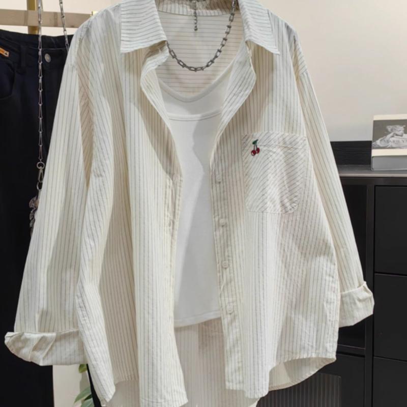 Women's White Striped Oversized Long Sleeve Shirt Casual Loose-Fit Blouse