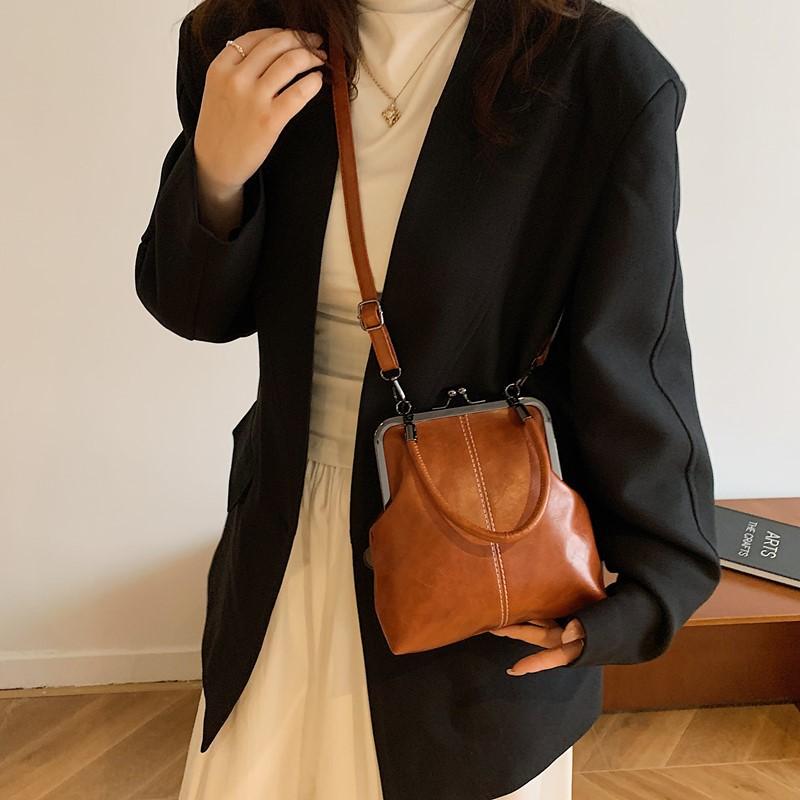 Vintage Solid Color Thread Design Pu Shoulder Bags for Women Versatile Ladies Crossbody Bag Simple Female Clip Handbag Purse