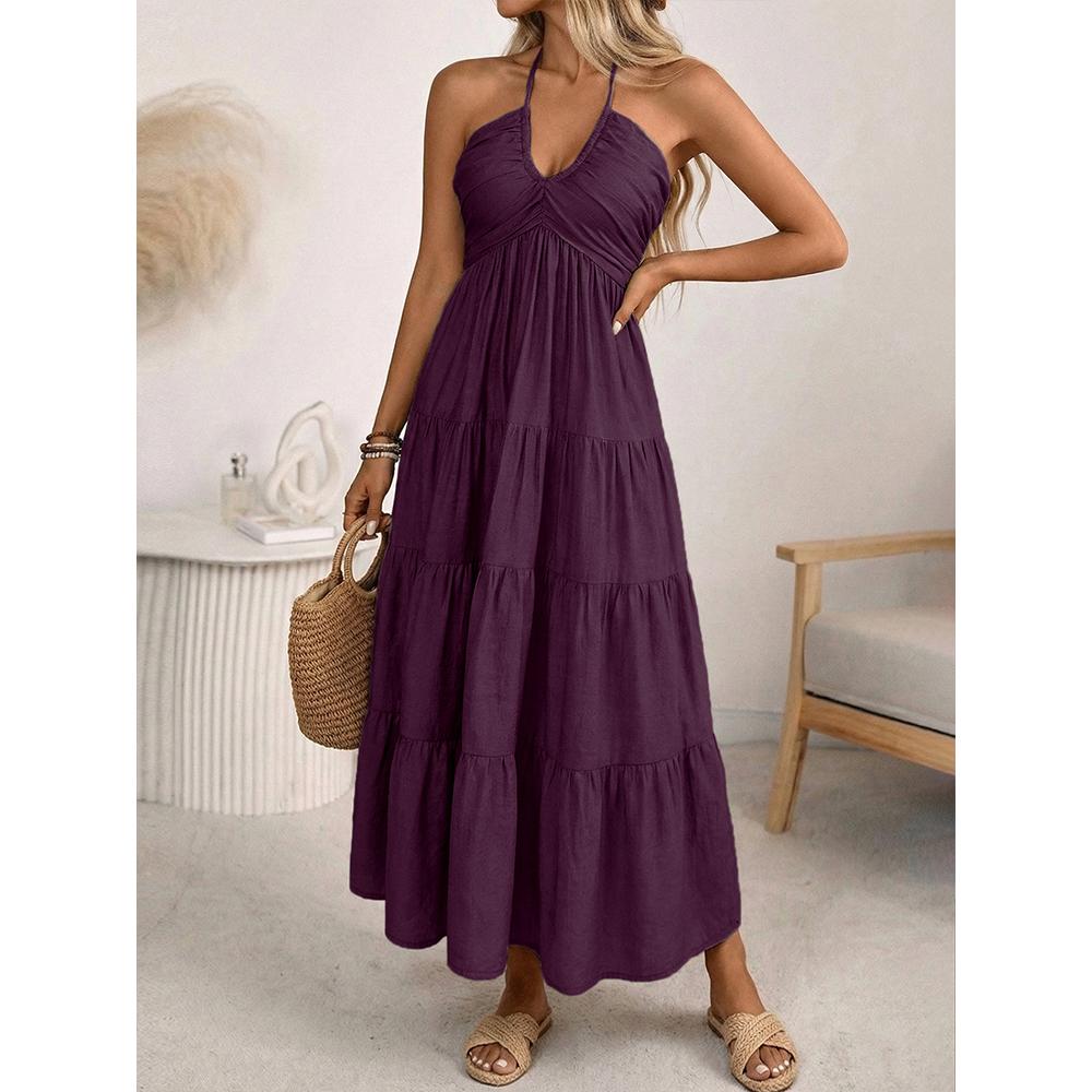 Women's Summer Flowy Maxi Dress Halter Neck Ruched Smocked Boho Beach Vacation Sundress