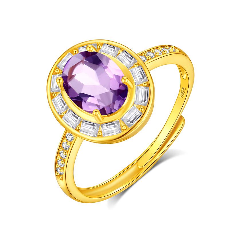 Classic S925 Sterling Silver Ring, Oval Natural Crystal & CZ Adjustable Band for Ladies