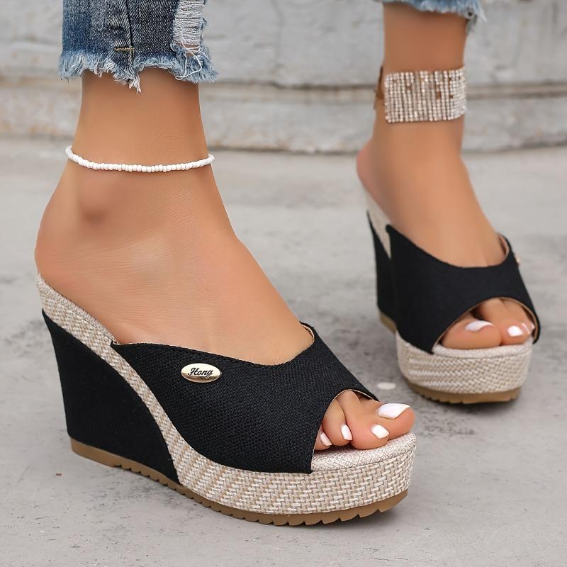 Modische gewebte Keilsandalen für Damen im Frühling und Sommer, Vielseitige Slip-On Schuhe mit dicker Sohle, Schöne Peeptoe-Schuhe mit Schnallenverzierung