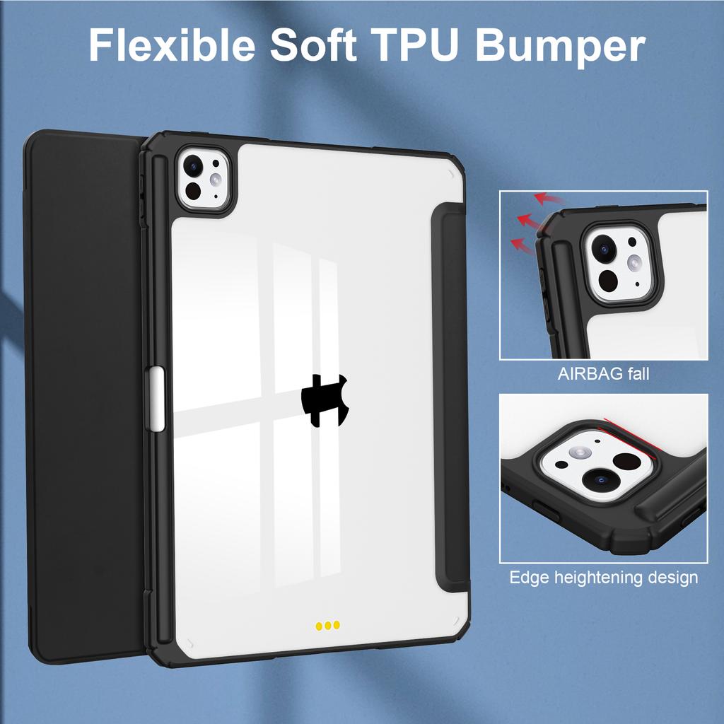 For iPad Pro 13 (2024) Case with Pen Slot PU Leather Clear Auto Wake Sleep Tablet Shell