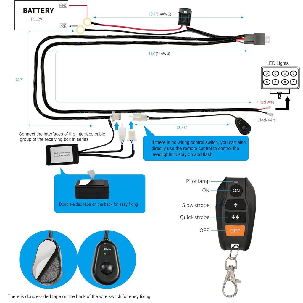 LED Lights Bar Wire Harness Kit With Remote Control 1Leads DC12V 40A Fuse Relay 3.5M/11.5FT 14AWG Wiring Harness Fit For LED Work Lights Driving Fog