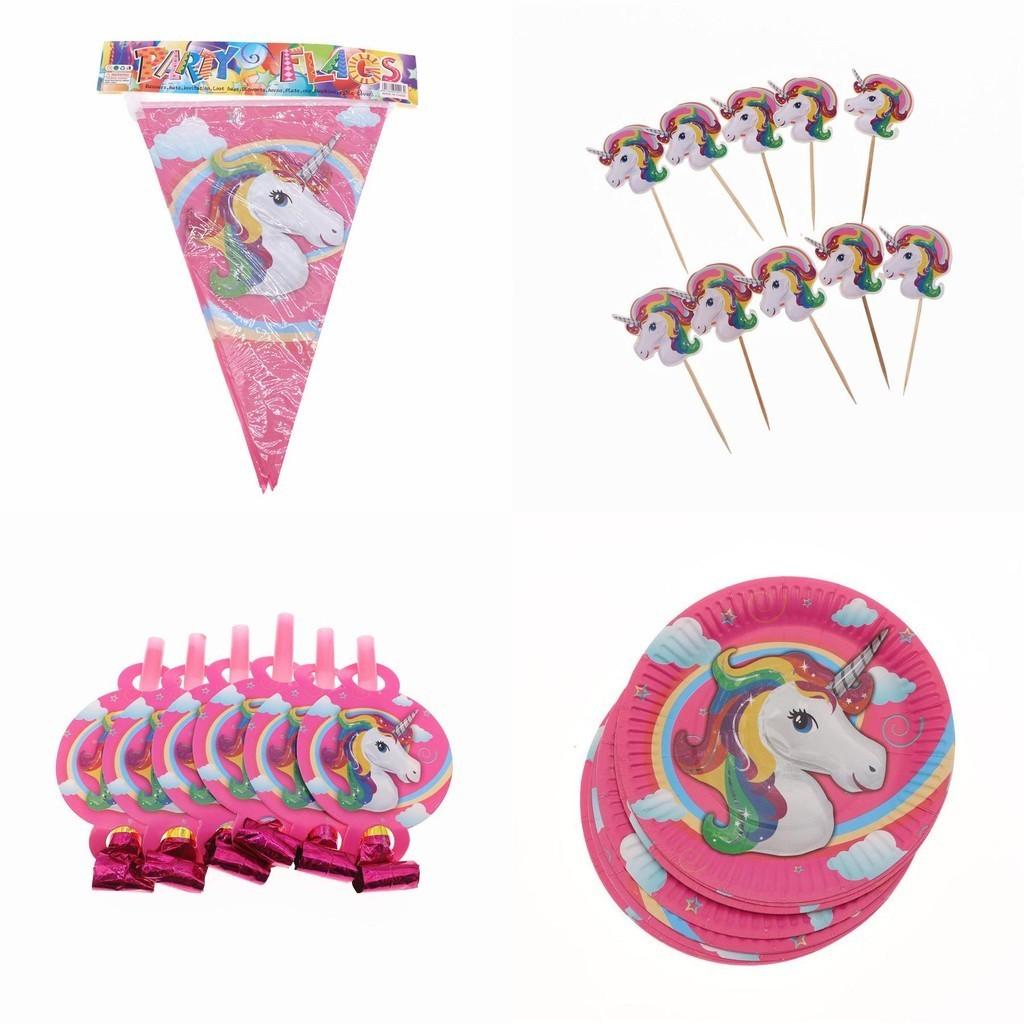 Adorable Unicorn Kids Birthday Party Supplies Including Vibrant Plates Cups And Decorative Tablecloth