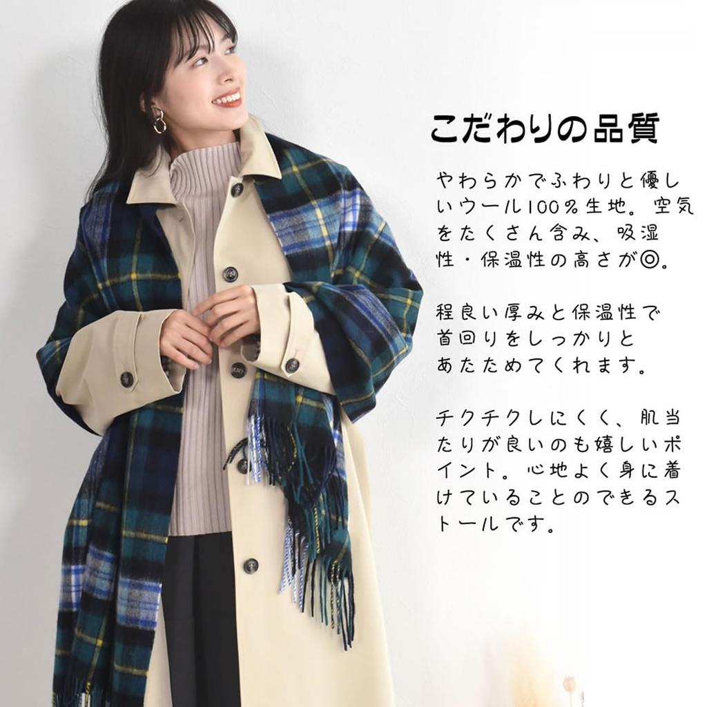 Wool Check Pattern Large 60cm Wide Blue Block Check [HHayashiguchi] 100% Stole, (WS0022) 30.