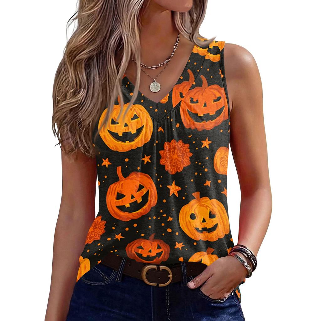 Women Sleeveless V Neck Halloween Pumpkin Print Casual Loose Fit Tank Top Lightweight Pullover Vest for Holiday Party Daily Wear