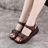 Retro Leather Roman Sandals Women Summer Thick Bottom Wedge Heel Non-slip Cowhide Mother Sandals Ladies Platform Shoes