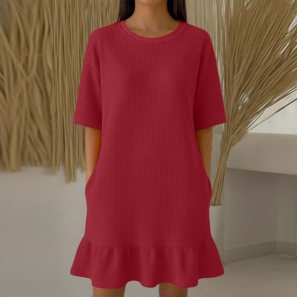 Women Casual Summer Dress Short Sleeve Crew Neck Mini Dress Ruffle Hem Dress Flowy Beach Sundress