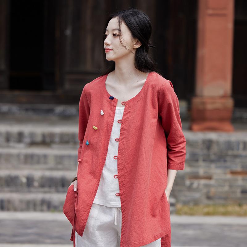 Johnature Frauen Chinesischen Stil Shirts Tops Oansatz Sieben Hülse Blusen Herbst Einfarbig Taste Vintage Leinen Hemd