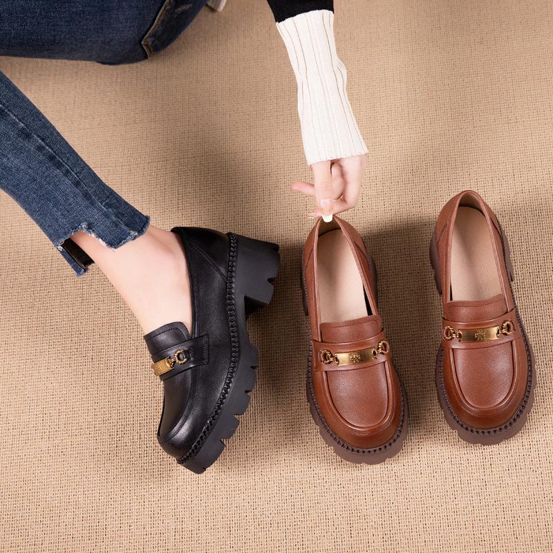 The First Layer of Cowhide Loafers Women's Autumn New Leather One-pedal Temperament Foam Platform Single Shoes Women's Muffin Women's Shoes