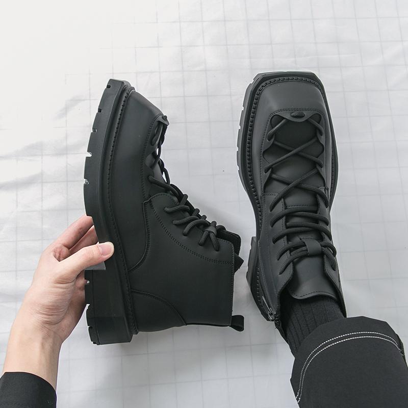 Fashion Autumn New Men Comfortable Lace Up Side Zipper High Top Leather Shoes Fashion Brand Round Toe Thick Soled Non Slip Outdoor Boots