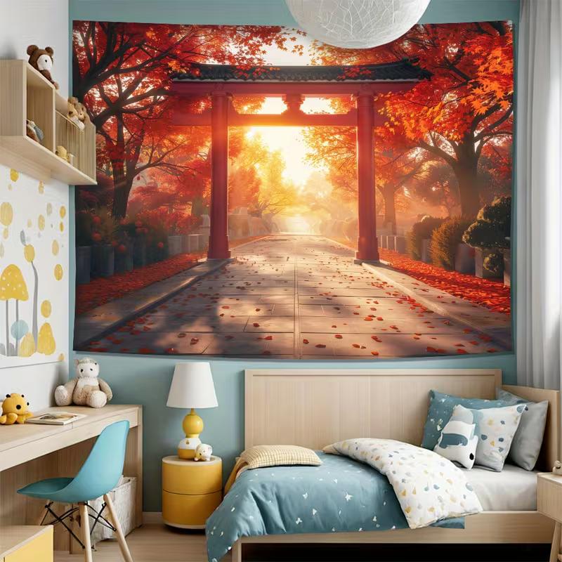 2D Japanese Autumn Torii Tapestry, Red Maple Tree Sunset Wall Hanging for Home Decor