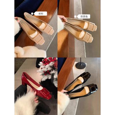 Uva madre studiolee~ Hebilla cuadrada clásica tacón grueso viento suave punta cuadrada temperamento elegante tacones altos zapatos de vestir primavera