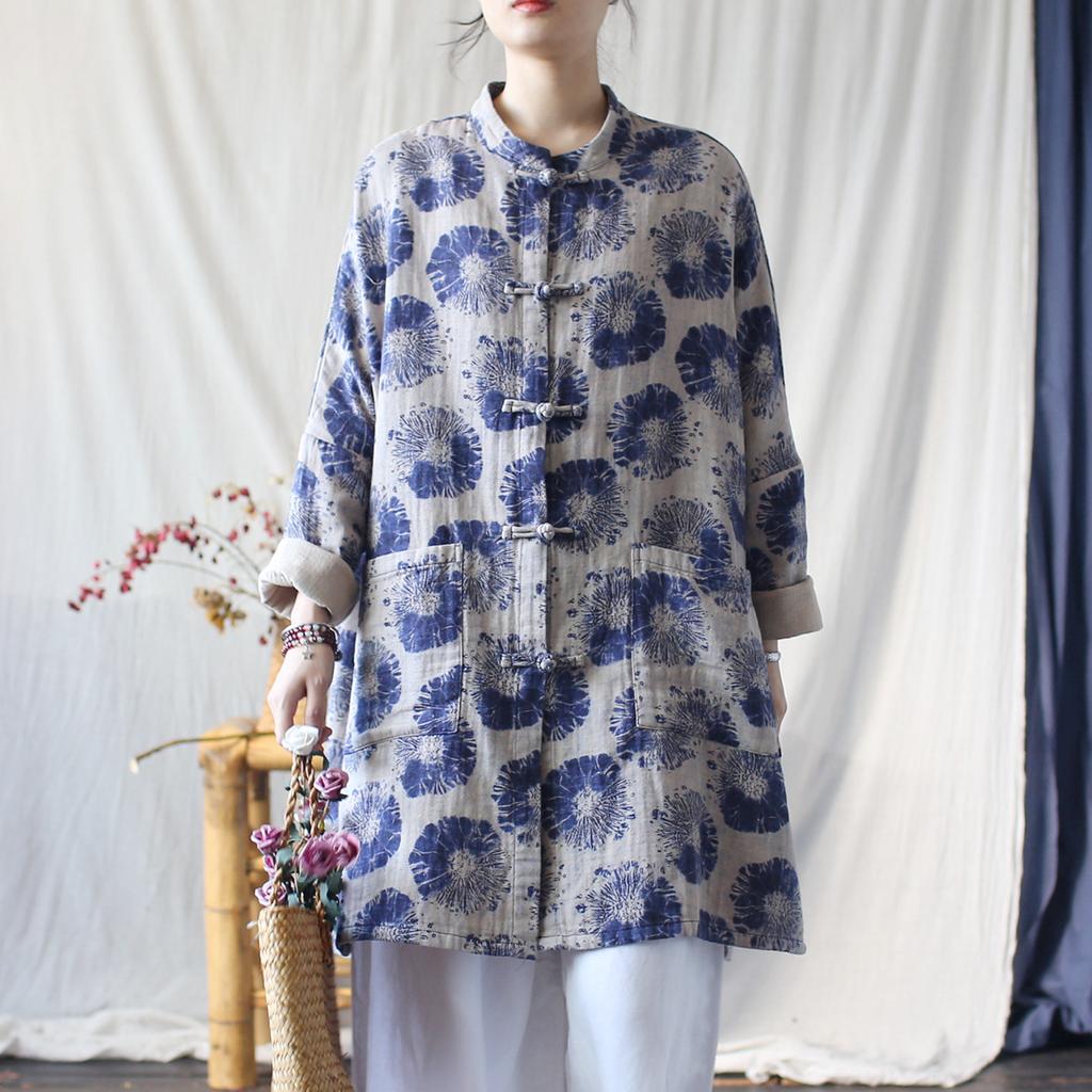 Johnature Women Vintage Bat Sleeve Print Floral Stand Coats Chinese Style Cloths Spring Loose Coats