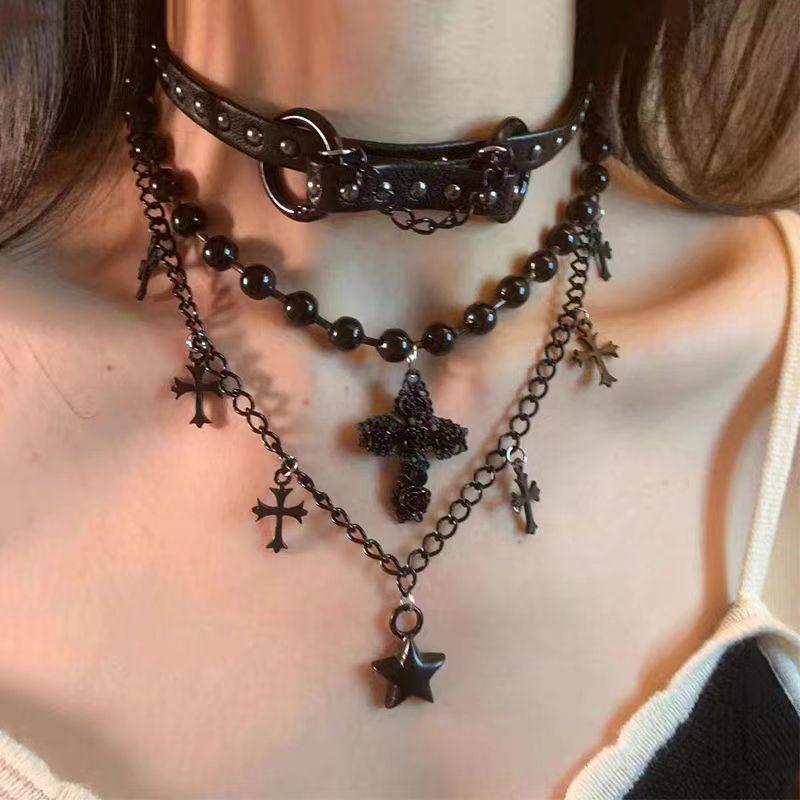 Goth Cross Pendant Necklace Women's Punk Style Fashion Jewelry Accessory Multilayer Chain Choker Necklaces