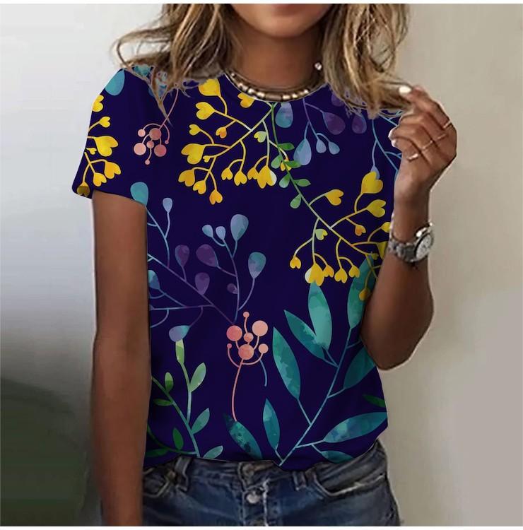 2025 Casual Sports Women's T-shirt Summer New Style Garden Collar Short Sleeve Fresh Floral Loose Lightweight Fabric Casual