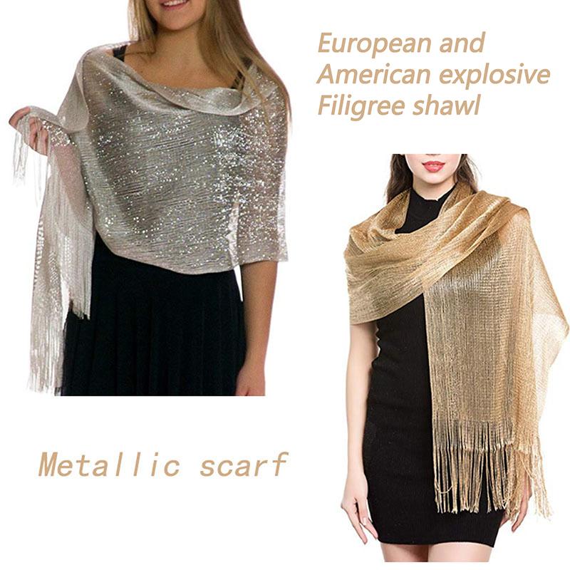 Sparkling Metallic Scarf Women Evening Dress Shawl Tassel Gold Silver Shiny Party Shawls Bridal Bridesmaid Wedding Boleros Wraps
