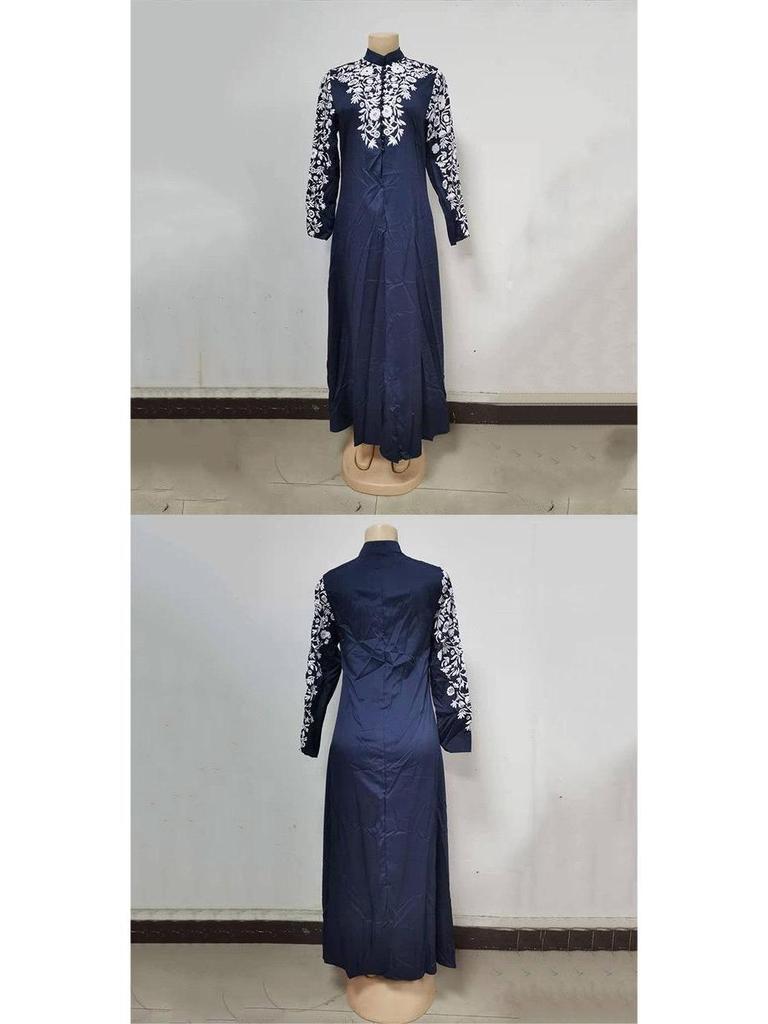 2025 Ethnic Style Muslim Women's Long Sleeve Stand Collar Printed Swing Skirt - PP1491
