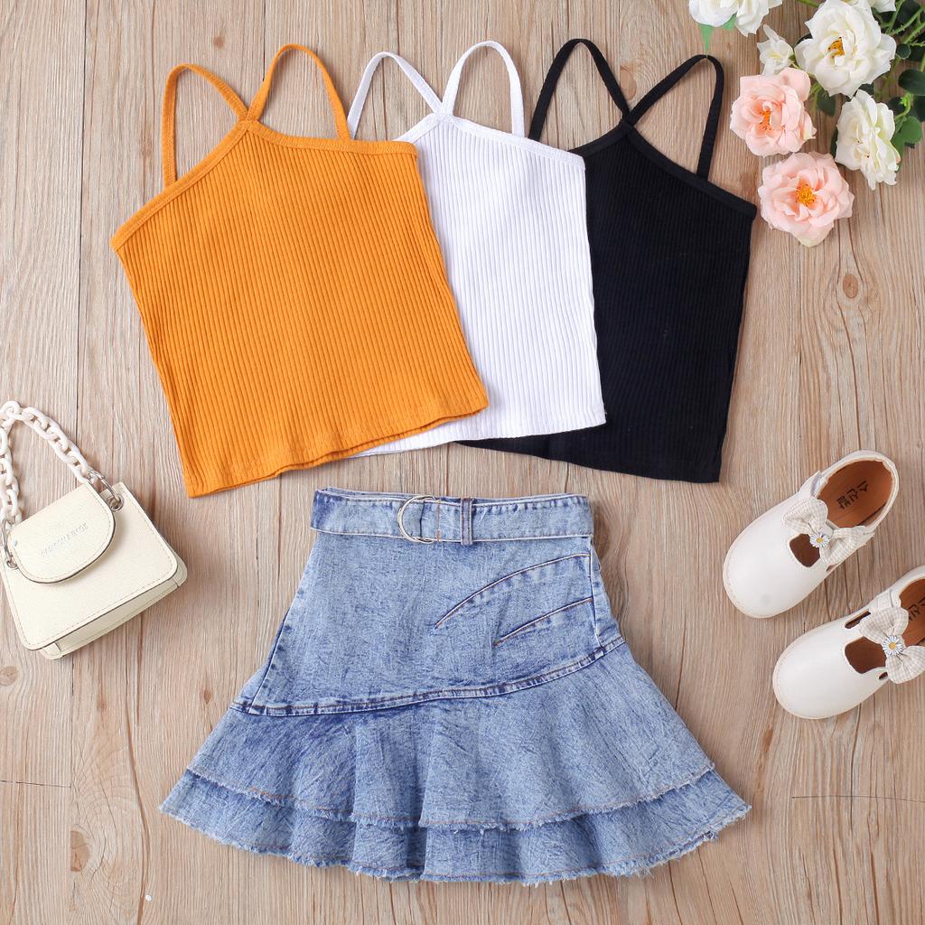 Costum de vară pentru fete, costum cu fustă scurtă din denim cu bretele, de culoare uni pentru copii