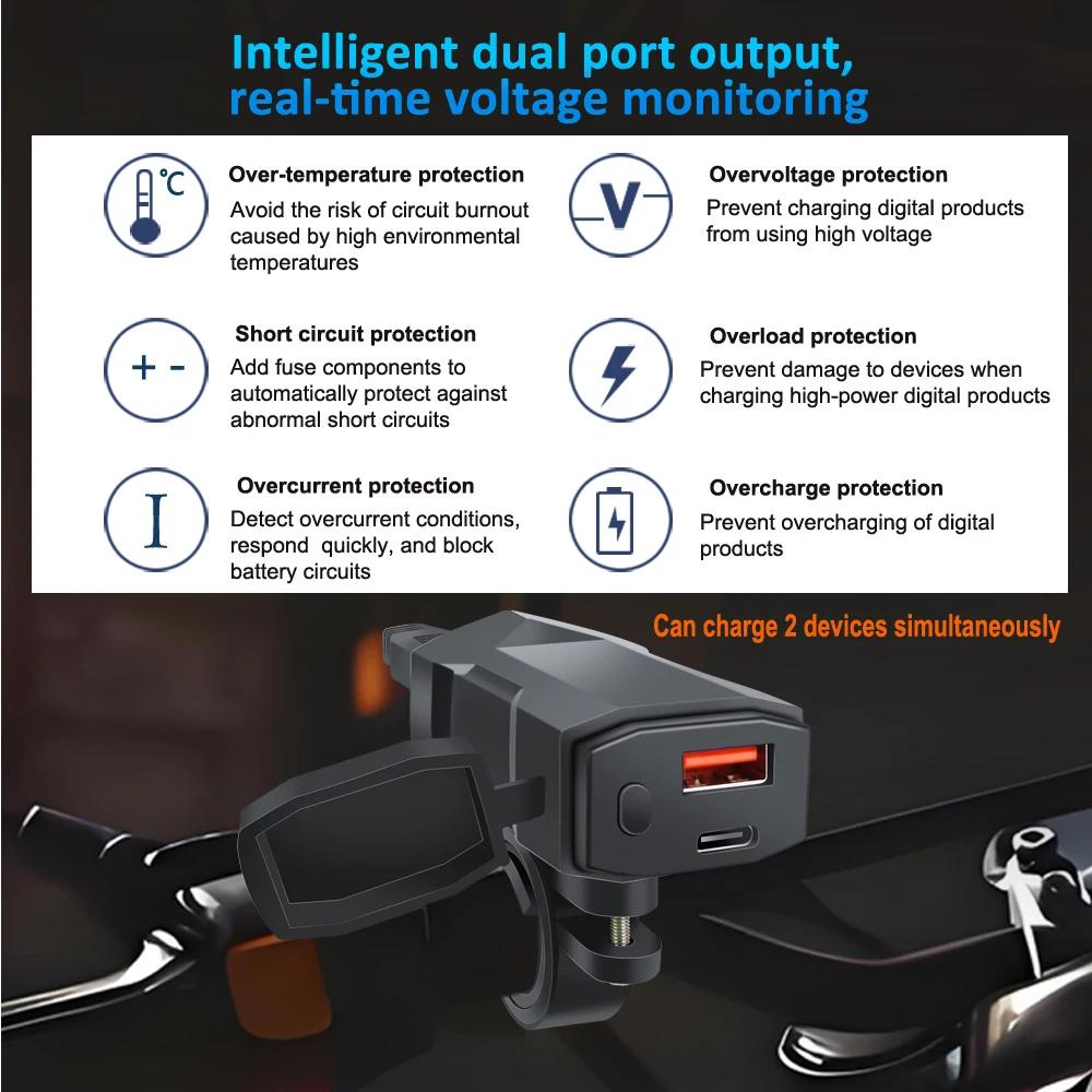 PD+QC3.0 Motorcycle USB Fast Cellular Charger Handlebar Type C Port Socket Connector With Cell Mobile Voltmeter Digital Charge