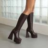 2025 Bota Stretch de Tacón Grueso Cónico Super Perfilado con Plataforma Alta y Cremallera Lateral Interior de Felpa Invierno Hasta la Rodilla para Mujer