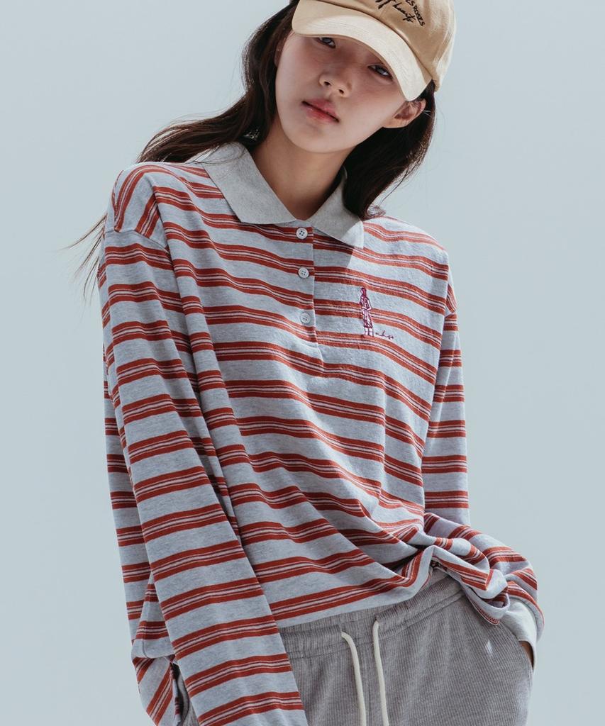 ANNEHEARTS Wide Stripe Collar Polo Tee_Gray