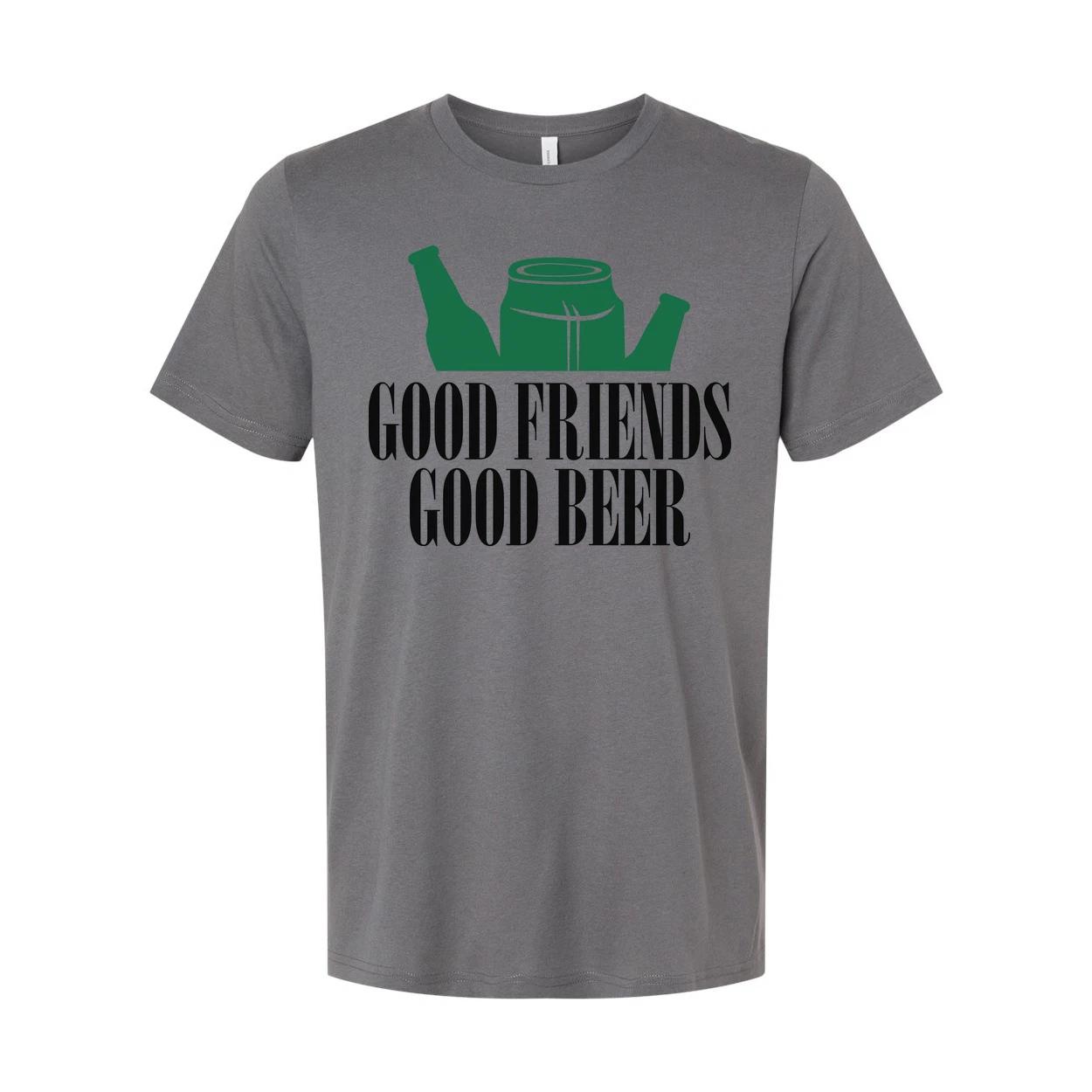 

Unisex Graphic T Shirt With Beer Bottles And Can Design Featuring Good Friends G S