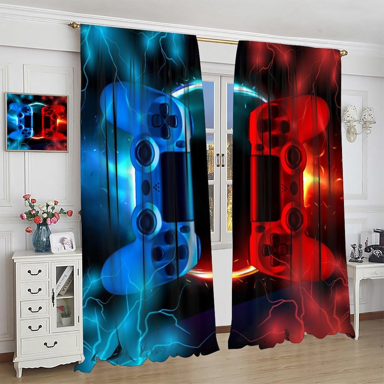 Tonnika Chen Boys Blue/Red Gaming Game Controller Curtains Lightning Flame Colorful Window Treatments Teens Kids Girls Bedroom Curtain With Room Darkening