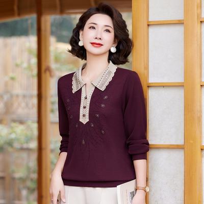 Lente Mode Buitenlandse Stijl T-shirt met Lange Mouwen Nieuwe Lente- en Herfstbreisels voor Vrouwen van Middelbare en Oudere Leeftijd