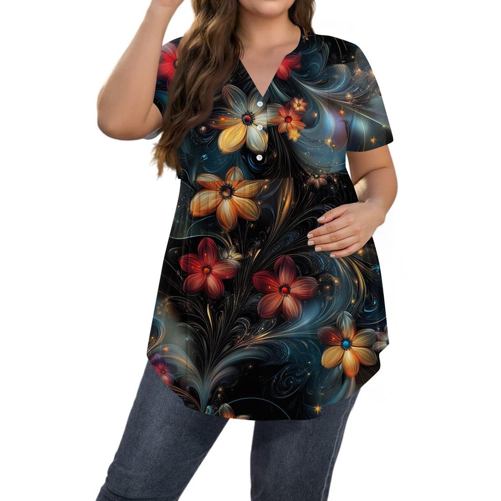 Damen Bedrucktes Übergröße V-Ausschnitt Knopfleiste Top Lässig Kurzarm Fließendes Oberteil