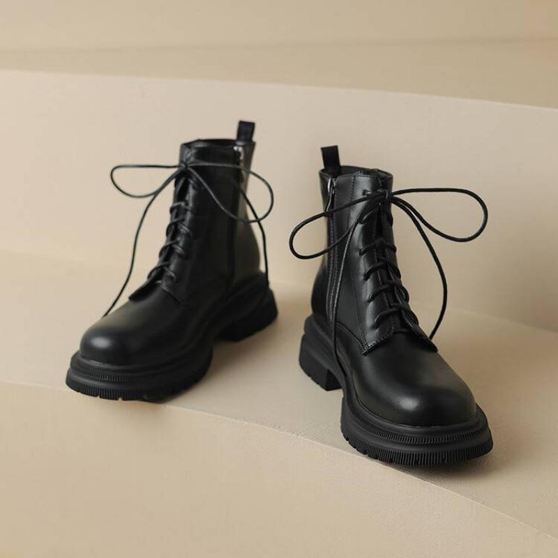 

Осенне-зимние женские ботинки-рыцари на шнуровке спереди, средний каблук, толстая подошва, большой размер, женские ботинки, квадратный каблук, круглый носок, корейская версия, однотонные 39