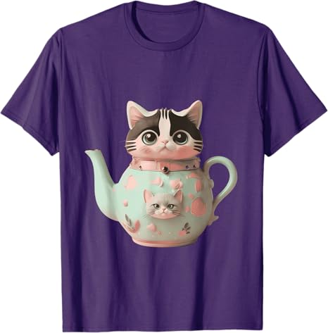 Süße Katze Pastell Teekanne Katzen-Teeliebhaber Neuheit Y2k Design T-Shirt Damenmode Streetwear Kleidung Kitty Grafik-T-Shirt Top