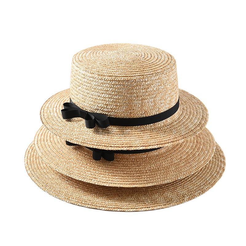 Flat Straw Hat Spring Summer Ladies 5cm 7cm 9cm Wide Brim Boater Hat Vacation Sunshade Beach Fedora Straw Hat with Black Bowknot